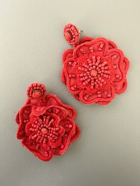 Stella & Dot Coral Red Floral Beaded Drop Earrings